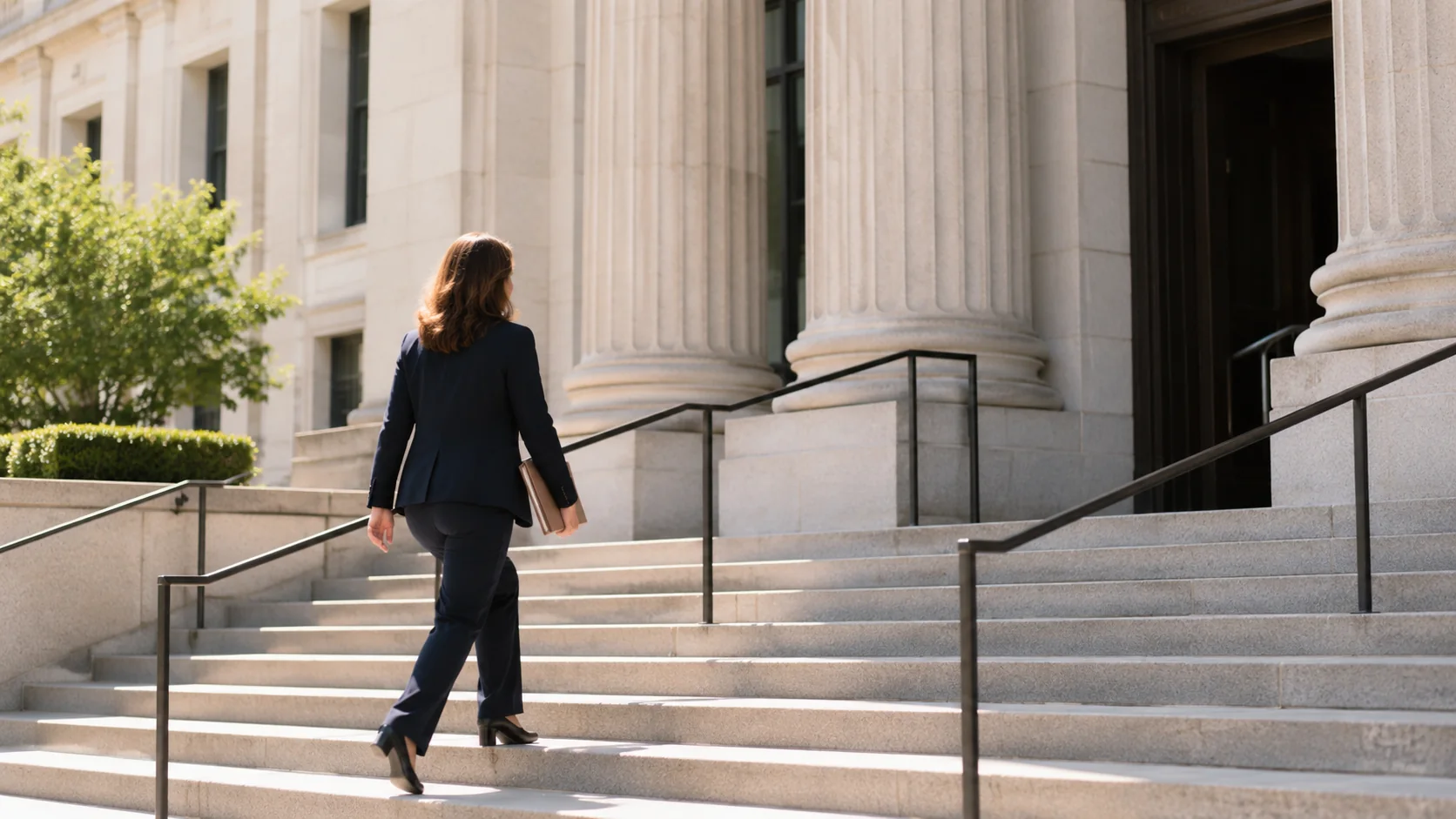 A person carrying a document folder toward a public courthouse building