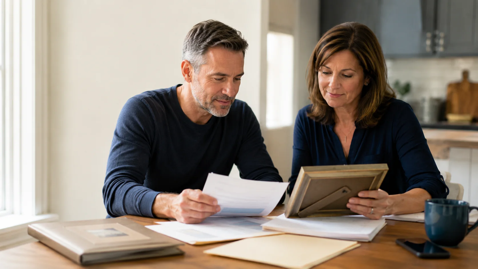 Family members reviewing inherited property records and a family photograph